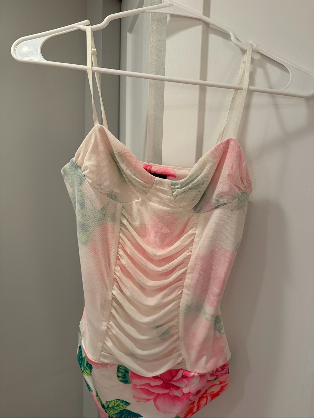 Revolve AFRM Pink & White Floral Ruched Spaghetti-Strap Bodysuit